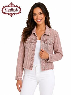 Origami Bling Denim Jacket M Pink Raspberry Rhinestone Stretch Crop Trucker NWT